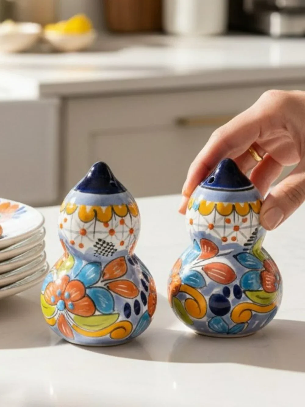 Talavera Blue, Orange and White Mexican Made Salt and Pepper‎ Shakers - NWOT